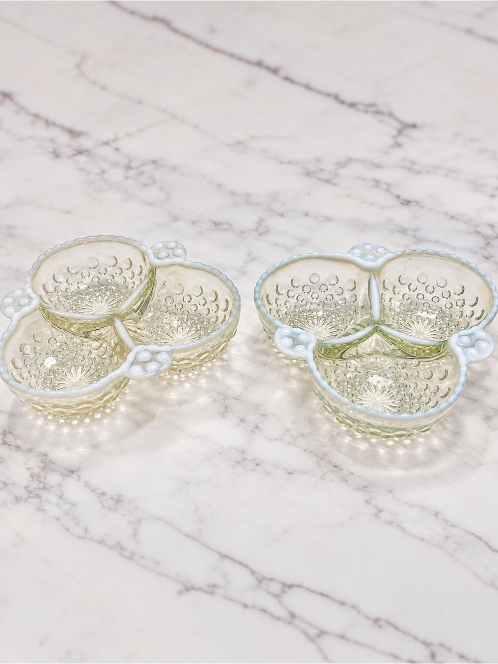 Vintage Anchor Hocking Moonstone Hobnail 3-Part Relish Candy Dish Set of 2 1940s